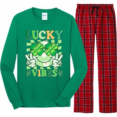 Retro St Patricks Day Lucky Vibes Peace Smiley Emoji Long Sleeve Pajama Set