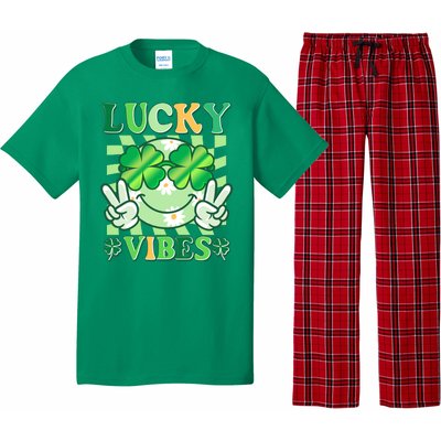 Retro St Patricks Day Lucky Vibes Peace Smiley Emoji Pajama Set