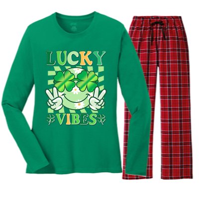 Retro St Patricks Day Lucky Vibes Peace Smiley Emoji Women's Long Sleeve Flannel Pajama Set 