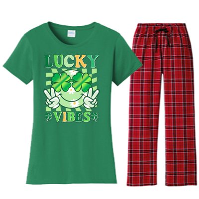 Retro St Patricks Day Lucky Vibes Peace Smiley Emoji Women's Flannel Pajama Set