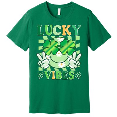 Retro St Patricks Day Lucky Vibes Peace Smiley Emoji Premium T-Shirt