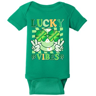 Retro St Patricks Day Lucky Vibes Peace Smiley Emoji Baby Bodysuit