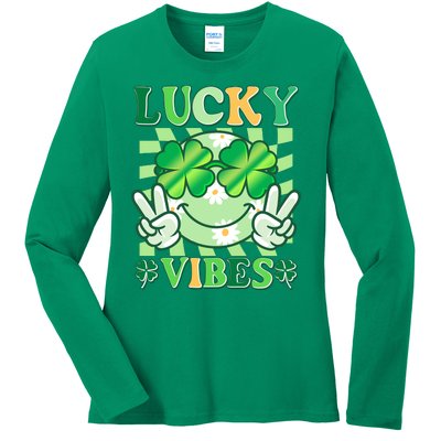 Retro St Patricks Day Lucky Vibes Peace Smiley Emoji Ladies Long Sleeve Shirt