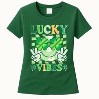 Retro St Patricks Day Lucky Vibes Peace Smiley Emoji Womens T-Shirt