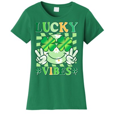 Retro St Patricks Day Lucky Vibes Peace Smiley Emoji Women's T-Shirt