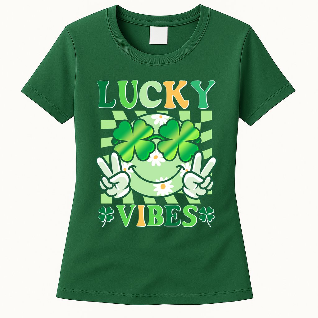 Retro St Patricks Day Lucky Vibes Peace Smiley Emoji Womens T-Shirt