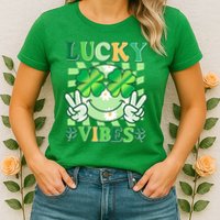 Retro St Patricks Day Lucky Vibes Peace Smiley Emoji Womens T-Shirt