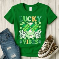 Retro St Patricks Day Lucky Vibes Peace Smiley Emoji Womens T-Shirt
