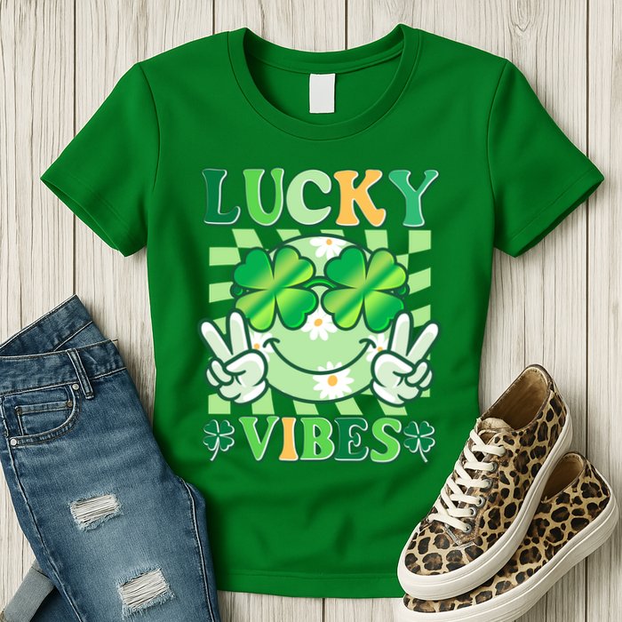 Retro St Patricks Day Lucky Vibes Peace Smiley Emoji Womens T-Shirt
