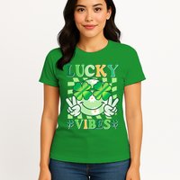 Retro St Patricks Day Lucky Vibes Peace Smiley Emoji Womens T-Shirt