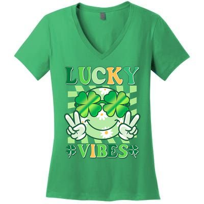 Retro St Patricks Day Lucky Vibes Peace Smiley Emoji Women's V-Neck T-Shirt
