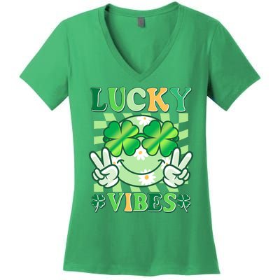 Retro St Patricks Day Lucky Vibes Peace Smiley Emoji Women's V-Neck T-Shirt