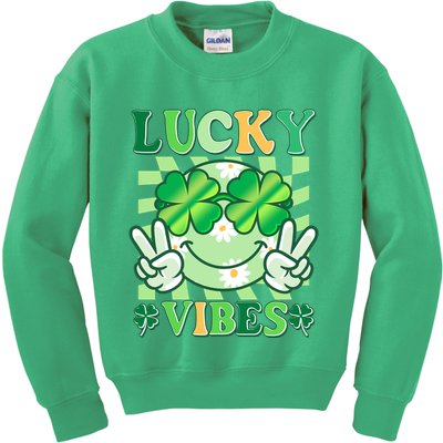 Retro St Patricks Day Lucky Vibes Peace Smiley Emoji Kids Sweatshirt