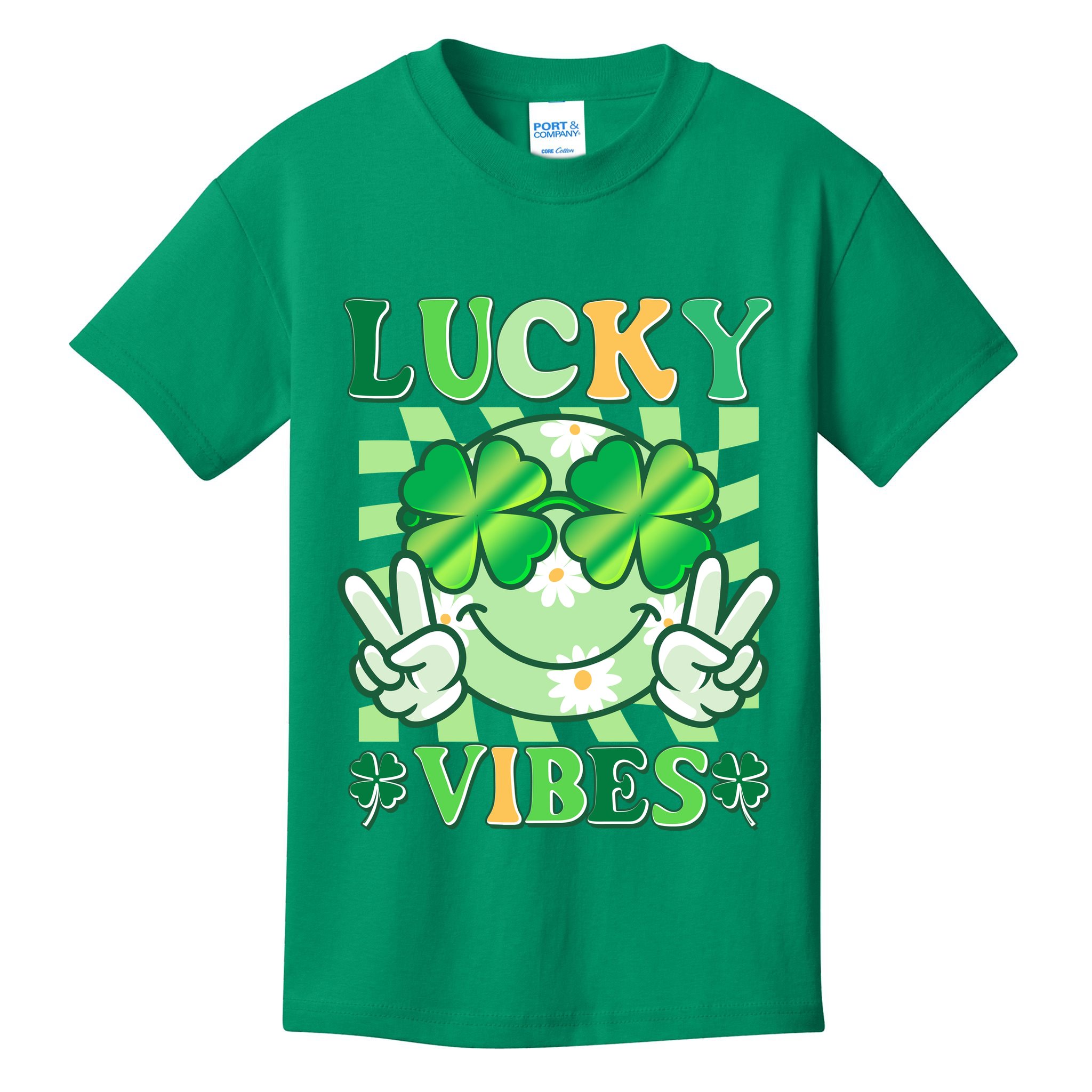 Retro St Patricks Day Lucky Vibes Peace Smiley Emoji Kids T-Shirt