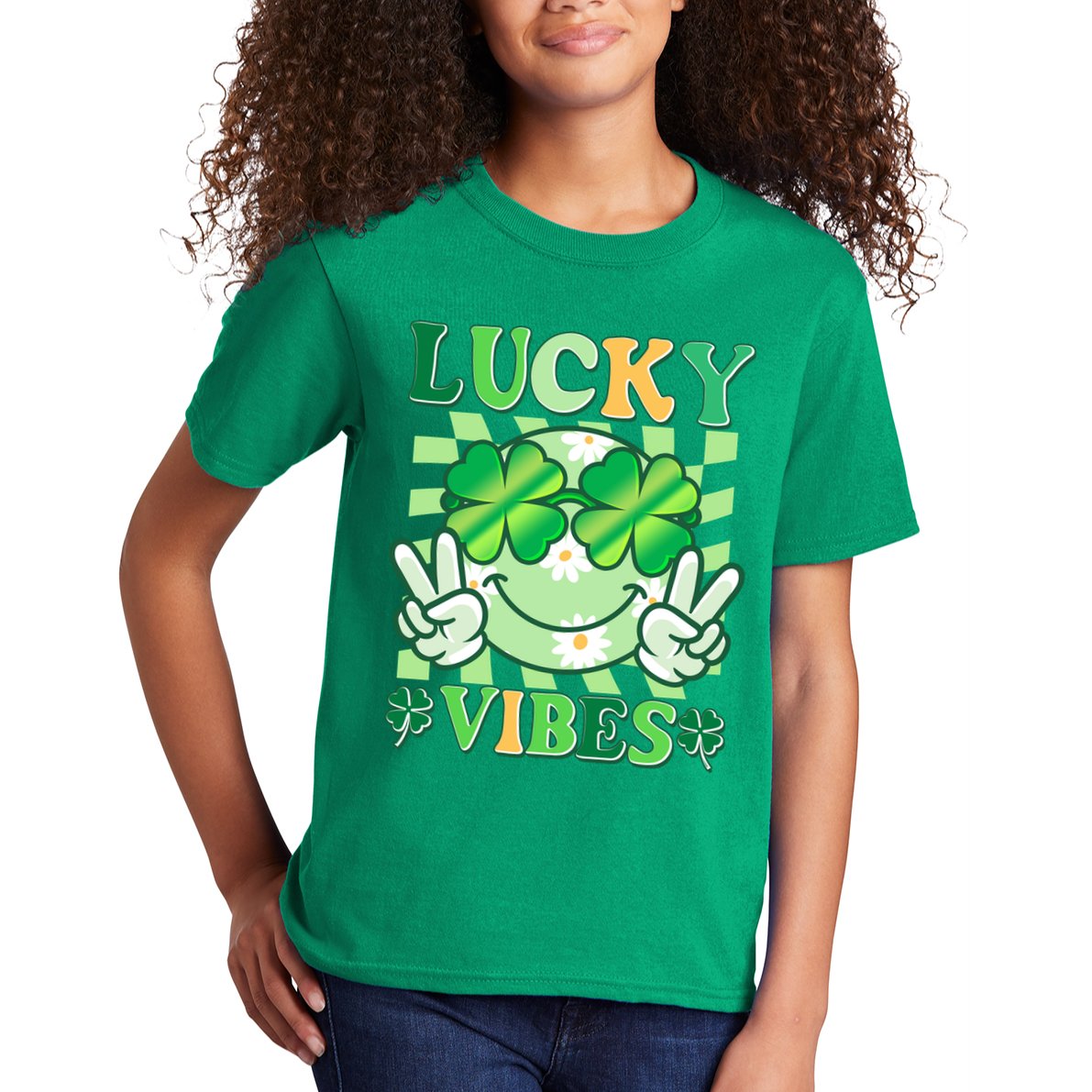 Retro St Patricks Day Lucky Vibes Peace Smiley Emoji Kids T-Shirt