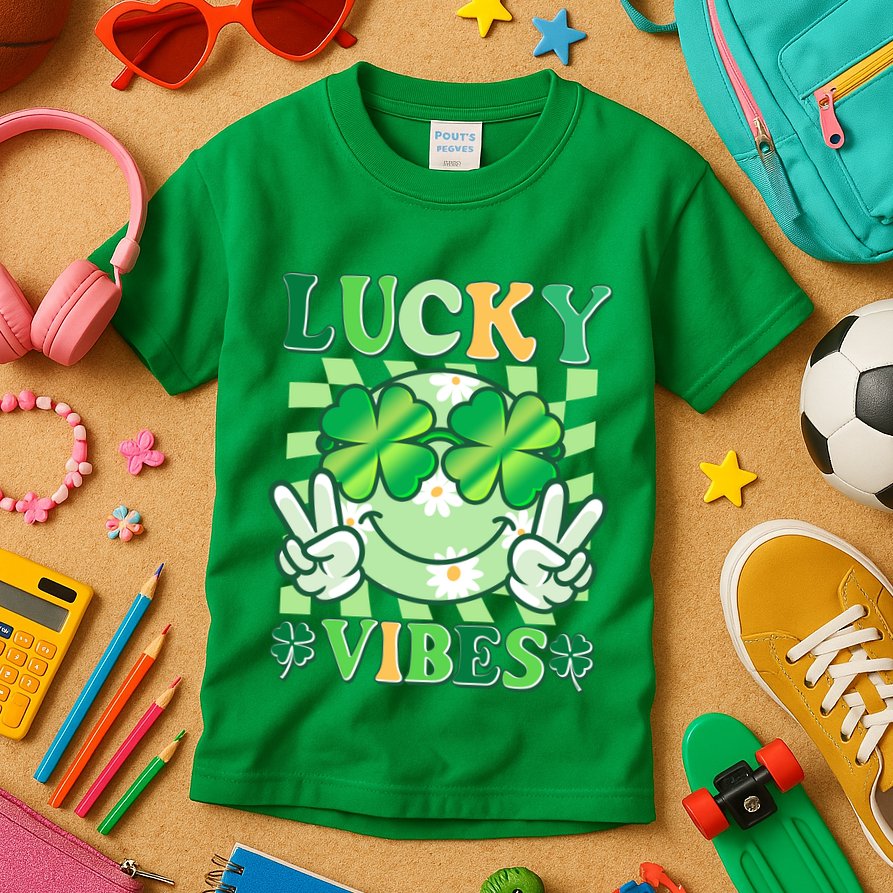 Retro St Patricks Day Lucky Vibes Peace Smiley Emoji Kids T-Shirt