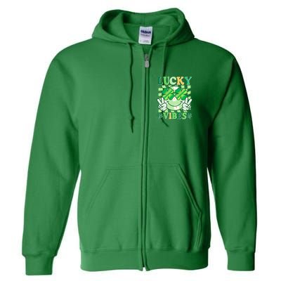 Retro St Patricks Day Lucky Vibes Peace Smiley Emoji Full Zip Hoodie