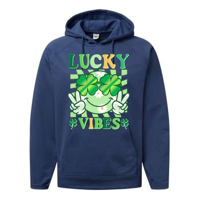 Retro St Patricks Day Lucky Vibes Peace Smiley Emoji Performance Fleece Hoodie