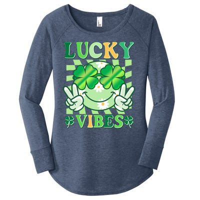 Retro St Patricks Day Lucky Vibes Peace Smiley Emoji Women's Perfect Tri Tunic Long Sleeve Shirt