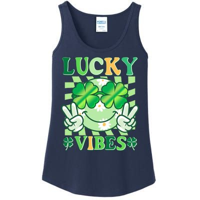 Retro St Patricks Day Lucky Vibes Peace Smiley Emoji Ladies Essential Tank