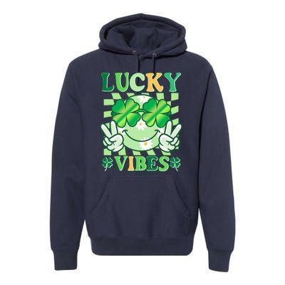 Retro St Patricks Day Lucky Vibes Peace Smiley Emoji Premium Hoodie