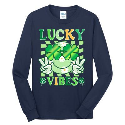 Retro St Patricks Day Lucky Vibes Peace Smiley Emoji Tall Long Sleeve T-Shirt