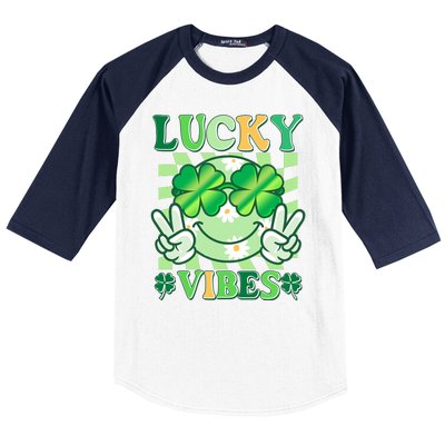 Retro St Patricks Day Lucky Vibes Peace Smiley Emoji Baseball Sleeve Shirt