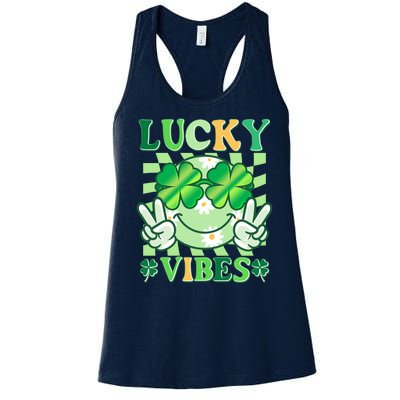 Retro St Patricks Day Lucky Vibes Peace Smiley Emoji Women's Racerback Tank