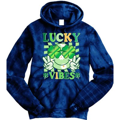 Retro St Patricks Day Lucky Vibes Peace Smiley Emoji Tie Dye Hoodie