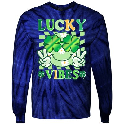 Retro St Patricks Day Lucky Vibes Peace Smiley Emoji Tie-Dye Long Sleeve Shirt