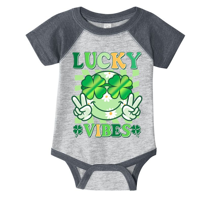Retro St Patricks Day Lucky Vibes Peace Smiley Emoji Infant Baby Jersey Bodysuit