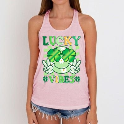 Retro St Patricks Day Lucky Vibes Peace Smiley Emoji Women's Knotted Racerback Tank