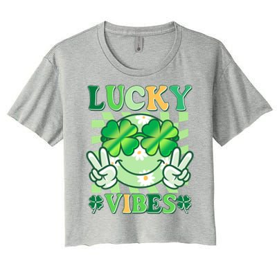 Retro St Patricks Day Lucky Vibes Peace Smiley Emoji Women's Crop Top Tee