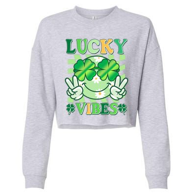 Retro St Patricks Day Lucky Vibes Peace Smiley Emoji Cropped Pullover Crew