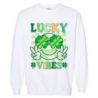 Retro St Patricks Day Lucky Vibes Peace Smiley Emoji Garment-Dyed Sweatshirt