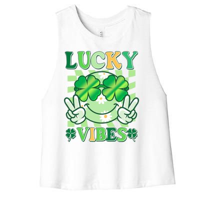 Retro St Patricks Day Lucky Vibes Peace Smiley Emoji Women's Racerback Cropped Tank