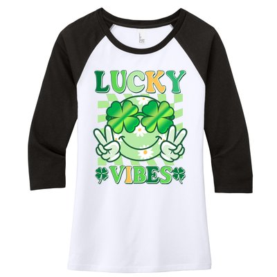 Retro St Patricks Day Lucky Vibes Peace Smiley Emoji Women's Tri-Blend 3/4-Sleeve Raglan Shirt