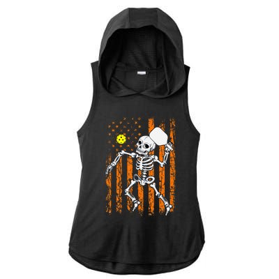 Retro Skeleton Playing Pickleball USA Flag Halloween Ladies PosiCharge Tri-Blend Wicking Draft Hoodie Tank