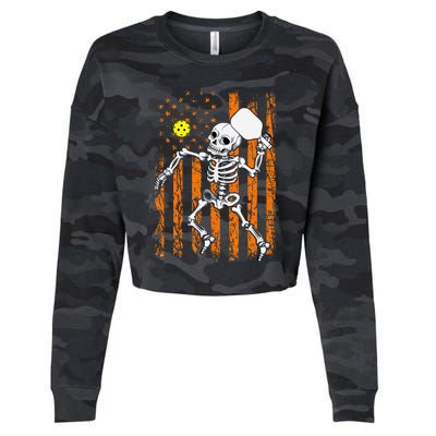 Retro Skeleton Playing Pickleball USA Flag Halloween Cropped Pullover Crew