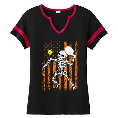 Retro Skeleton Playing Pickleball USA Flag Halloween Ladies Halftime Notch Neck Tee