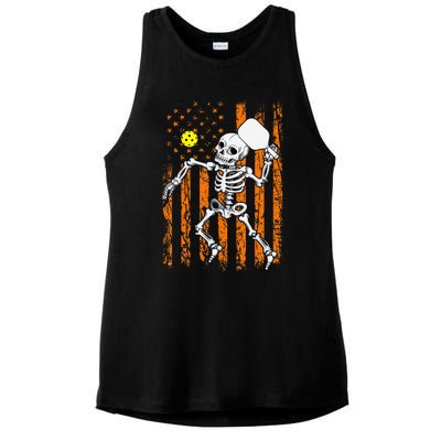 Retro Skeleton Playing Pickleball USA Flag Halloween Ladies PosiCharge Tri-Blend Wicking Tank