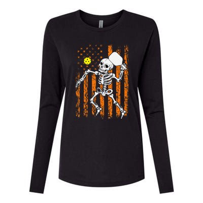 Retro Skeleton Playing Pickleball USA Flag Halloween Womens Cotton Relaxed Long Sleeve T-Shirt