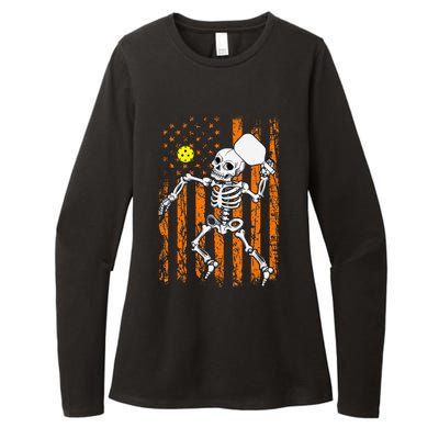 Retro Skeleton Playing Pickleball USA Flag Halloween Womens CVC Long Sleeve Shirt