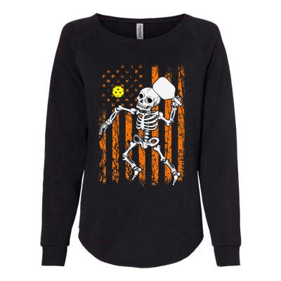 Retro Skeleton Playing Pickleball USA Flag Halloween Womens California Wash Sweatshirt