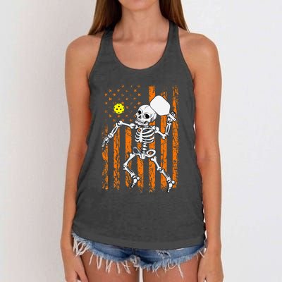 Retro Skeleton Playing Pickleball USA Flag Halloween Women's Knotted Racerback Tank