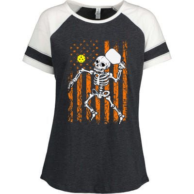 Retro Skeleton Playing Pickleball USA Flag Halloween Enza Ladies Jersey Colorblock Tee