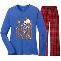 Retro Skeleton Playing Pickleball USA Flag Halloween Women's Long Sleeve Flannel Pajama Set 