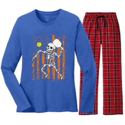 Retro Skeleton Playing Pickleball USA Flag Halloween Women's Long Sleeve Flannel Pajama Set 