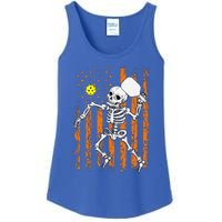 Retro Skeleton Playing Pickleball USA Flag Halloween Ladies Essential Tank