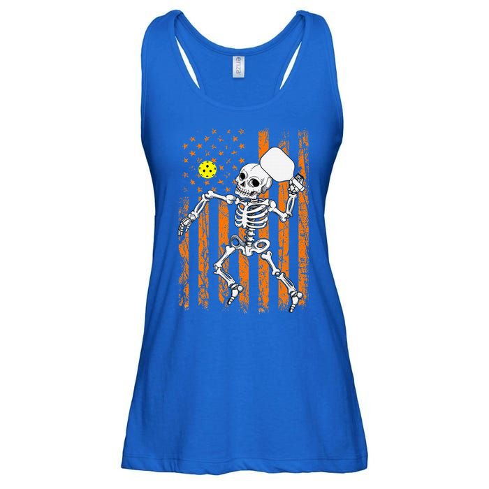 Retro Skeleton Playing Pickleball USA Flag Halloween Ladies Essential Flowy Tank